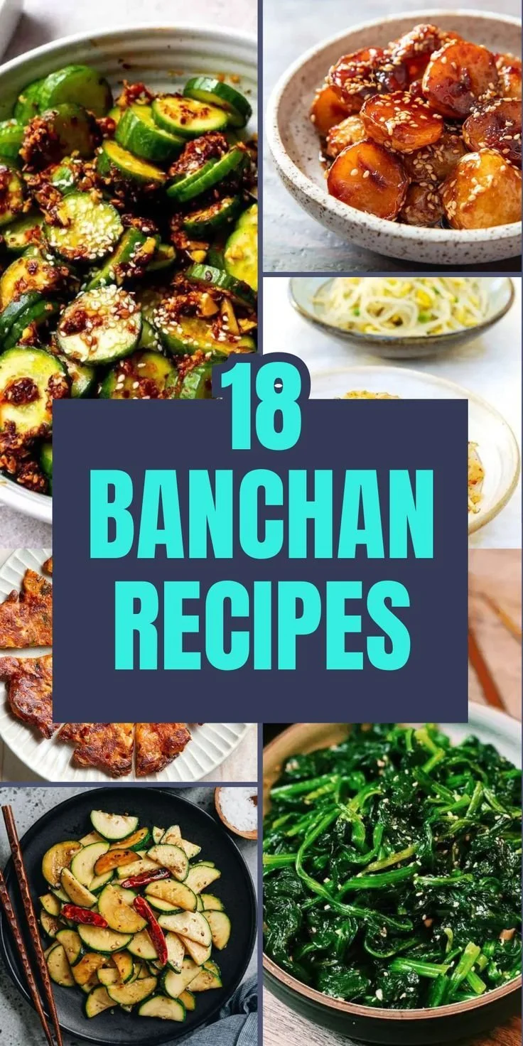 A colorful spread of 18 delicious banchan recipes on a table.