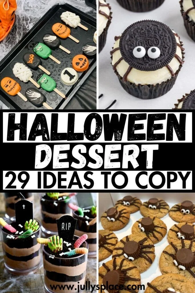 A variety of festive Halloween dessert ideas, featuring spooky treats and bright colors.