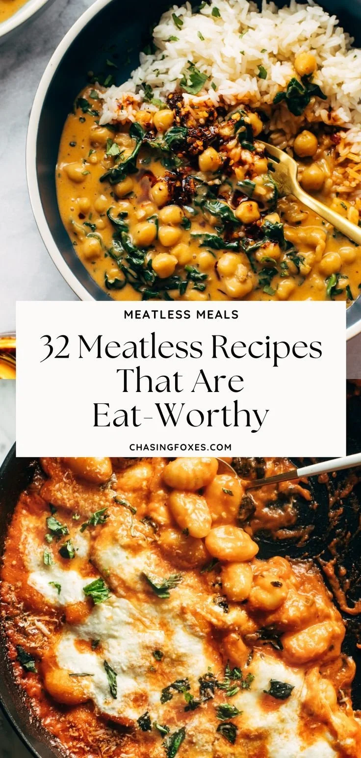 Variety of 32 delicious meatless meals on a table
