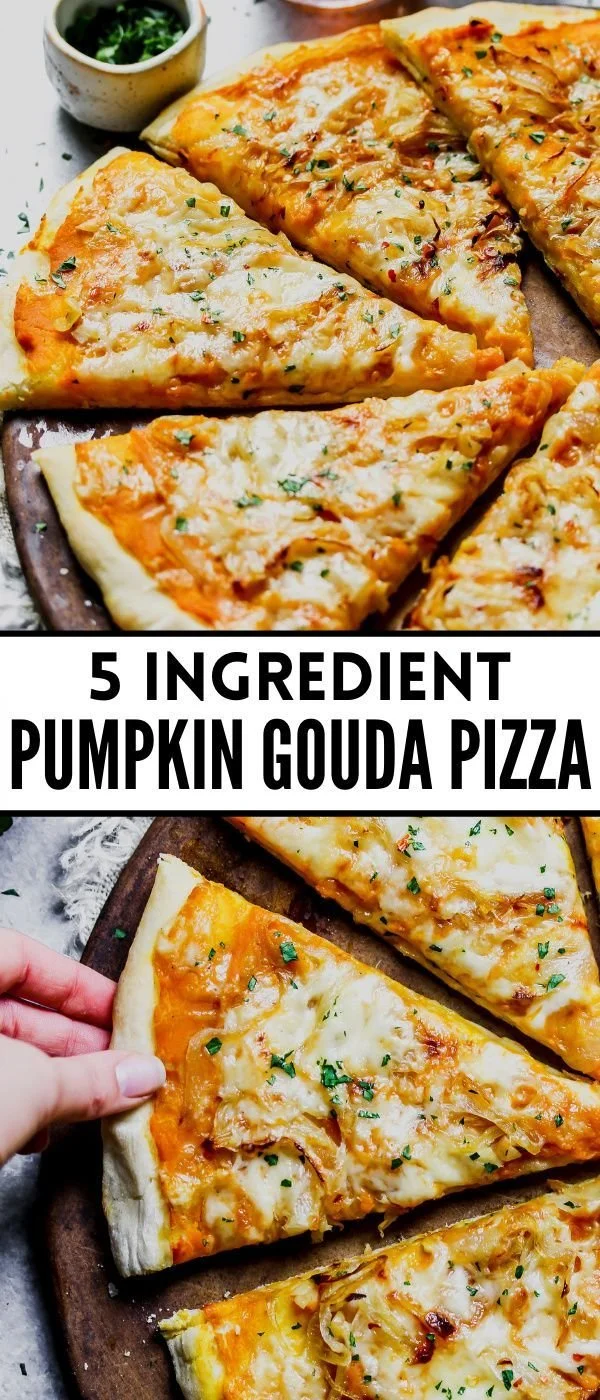 Delicious 5-ingredient pumpkin gouda pizza topped with fresh herbs.