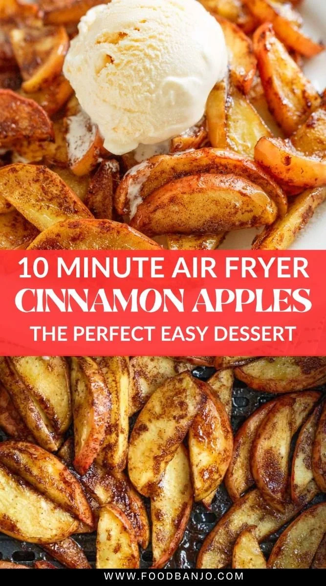 A bowl of air fryer cinnamon apples topped with cinnamon and served warm.