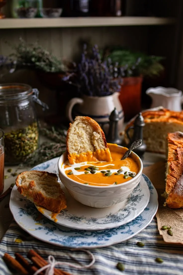 Delicious apple carrot and pumpkin soup served in a cozy bowl