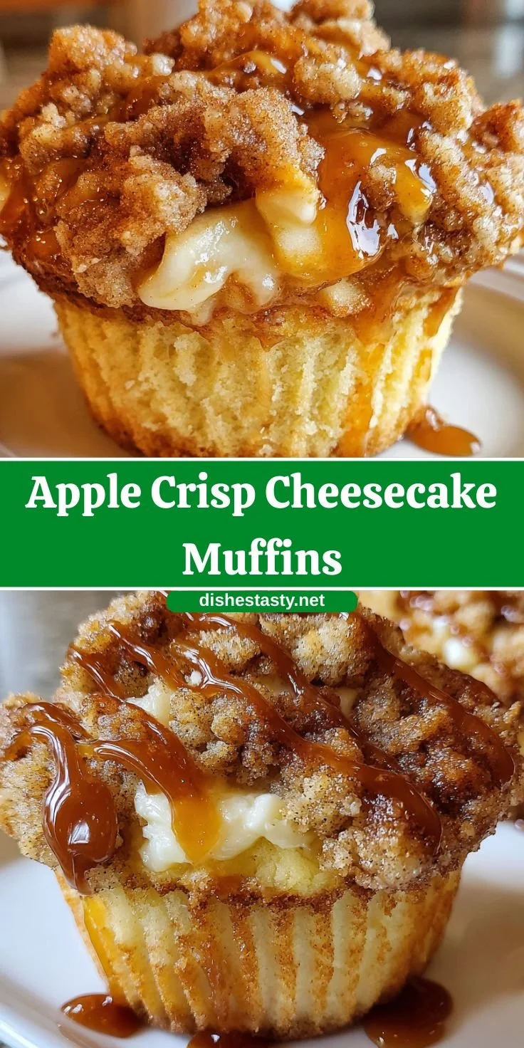 Delicious Apple Crisp Cheesecake Muffins with creamy filling and crunchy topping