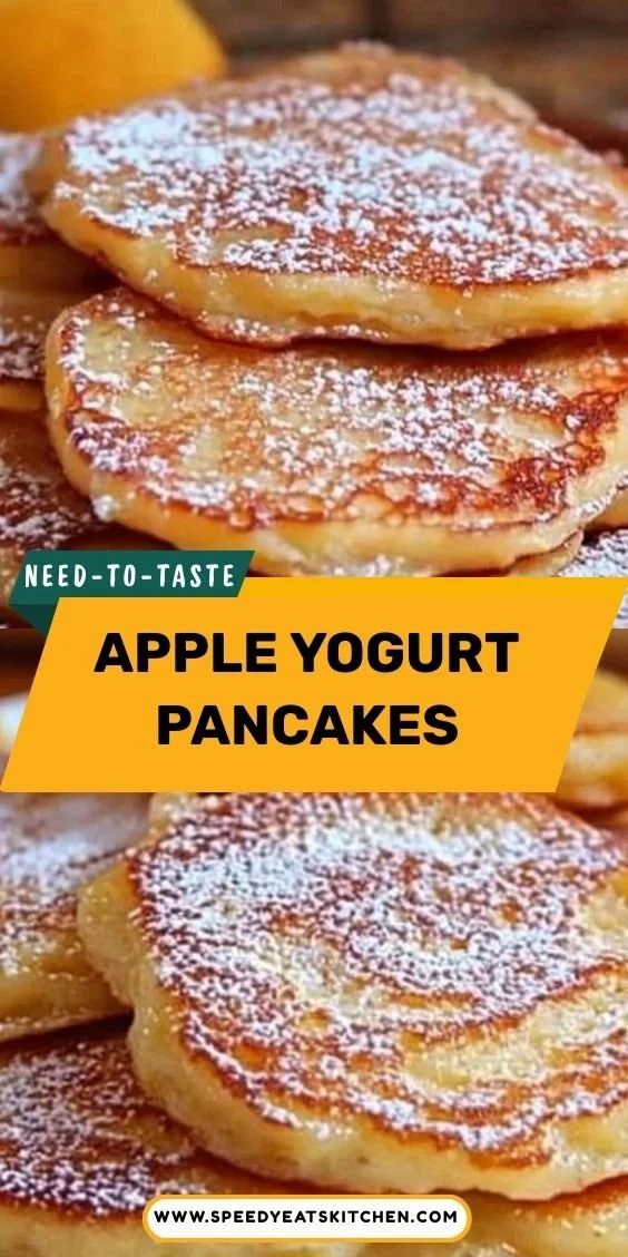 Fluffy apple yogurt pancakes stacked on a plate with maple syrup
