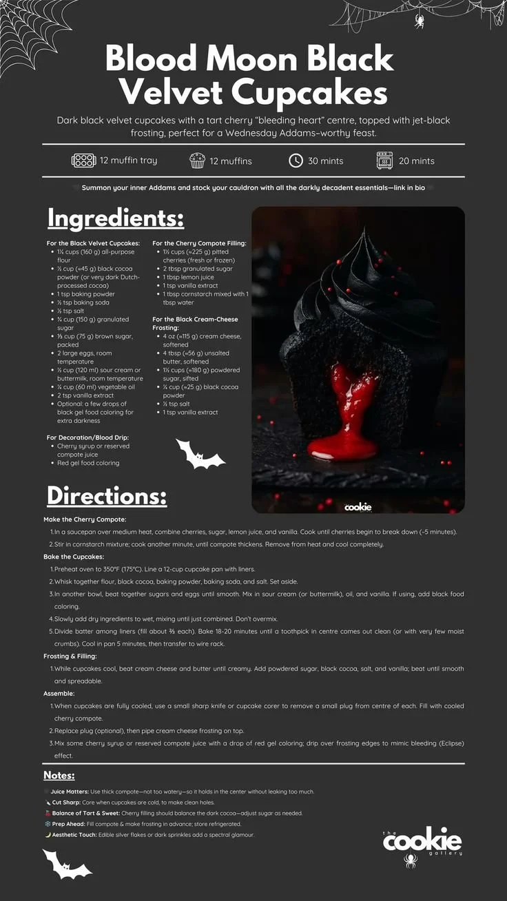 Delicious Blood Moon Black Velvet Cupcakes with rich frosting and decorative toppings