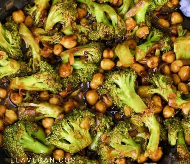Delicious broccoli stir fry with chickpeas served in a vibrant bowl