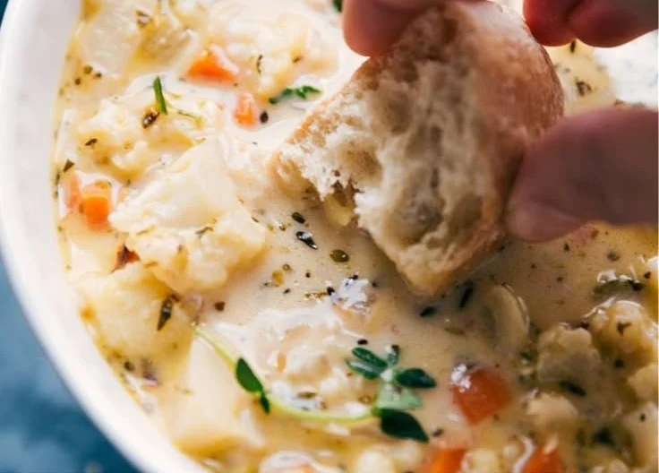 Bowl of creamy cauliflower soup topped with fresh herbs.