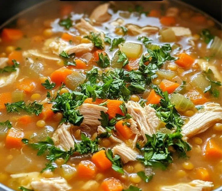 Bowl of delicious Chicken Lentil Soup with vegetables and herbs