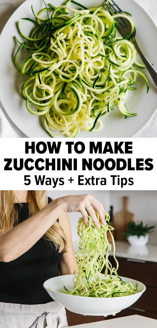 Cooked zucchini noodles with fresh herbs and vegetables