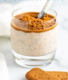Bowl of cookie butter protein overnight oats topped with fruits and nuts.