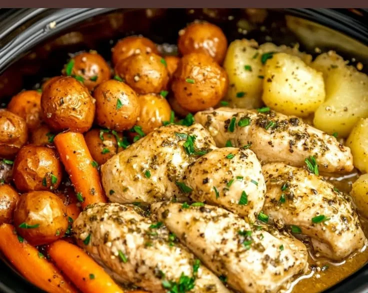 A delicious plate of garlic herb chicken served with fresh herbs and vegetables.