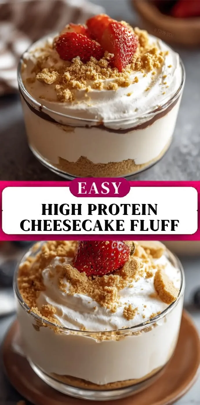 Delicious high protein fluff cheesecake served in a bowl, topped with berries.