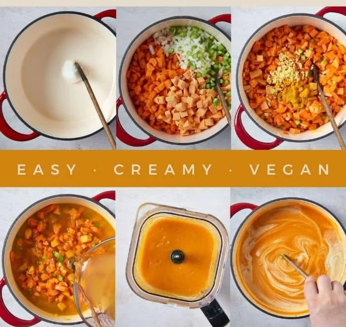 Bowl of creamy carrot soup garnished with fresh herbs
