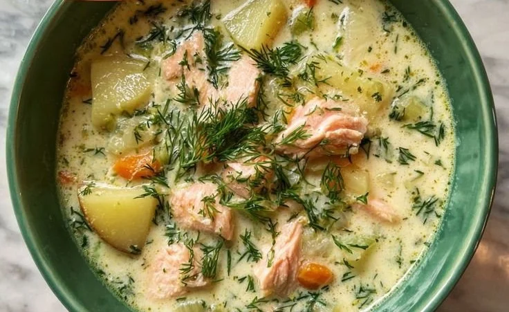 Creamy dill salmon soup with potatoes and leeks in a bowl