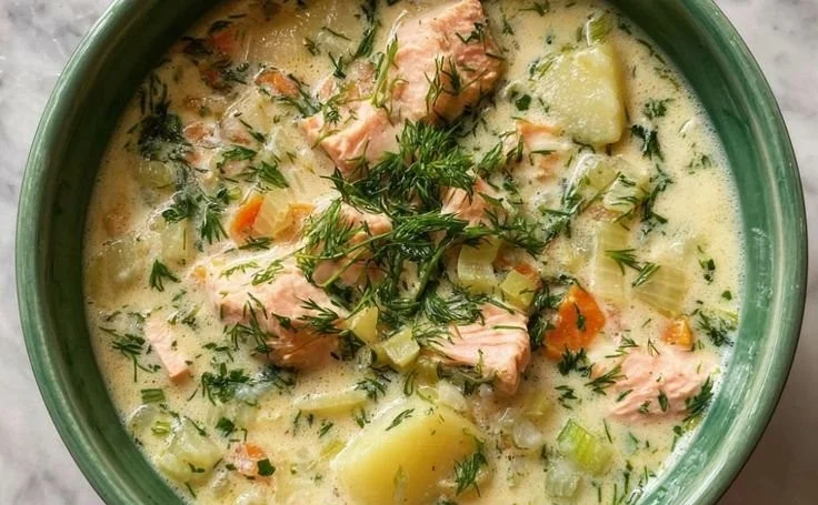 Creamy Dill Salmon Soup with Potatoes and Leeks
