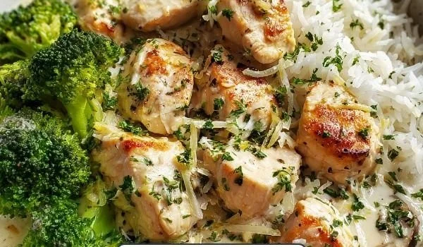 Creamy Garlic Chicken Rice Bowl with vegetables and herbs