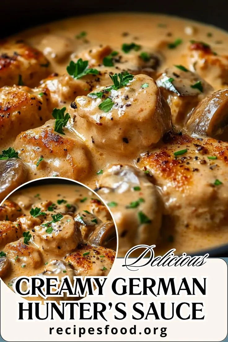 Creamy German Hunter's Sauce served over meat with herbs and spices