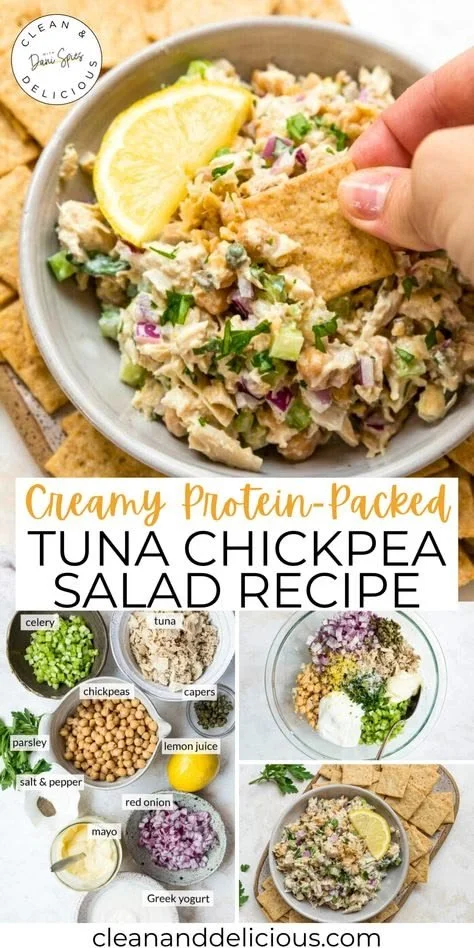 Creamy tuna chickpea salad in a bowl with fresh vegetables