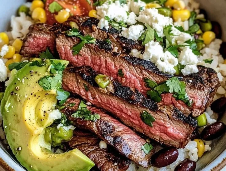 Cilantro lime steak bowls with fresh ingredients in a vibrant bowl.