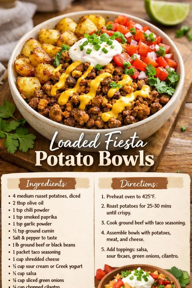 Crispy loaded fiesta potato bowls with ground beef and toppings