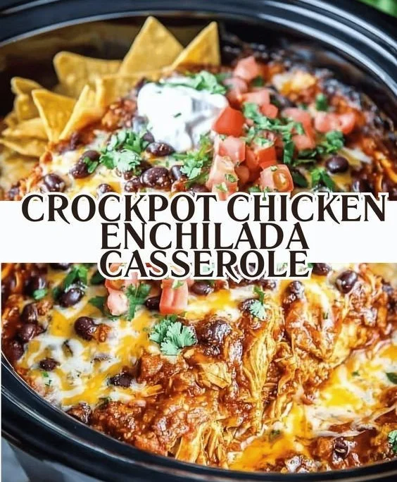 Delicious Crockpot Chicken Enchilada Casserole topped with cheese and cilantro