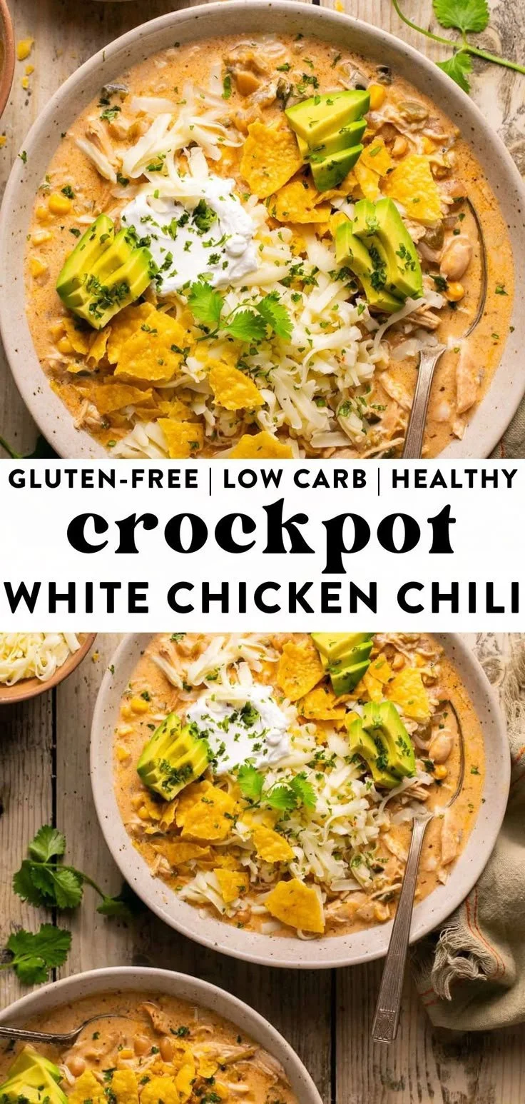Bowl of healthy white chicken chili made in a crockpot.