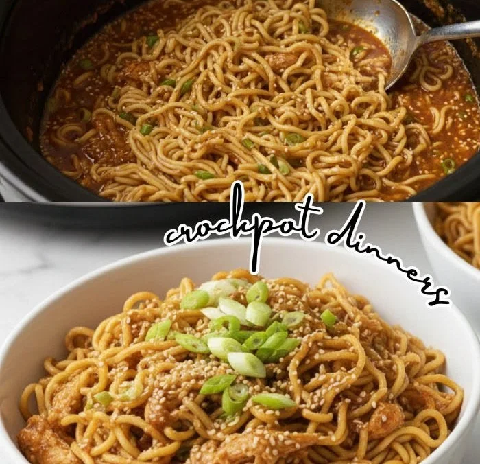 Crockpot honey garlic chicken served over noodles with fresh vegetables