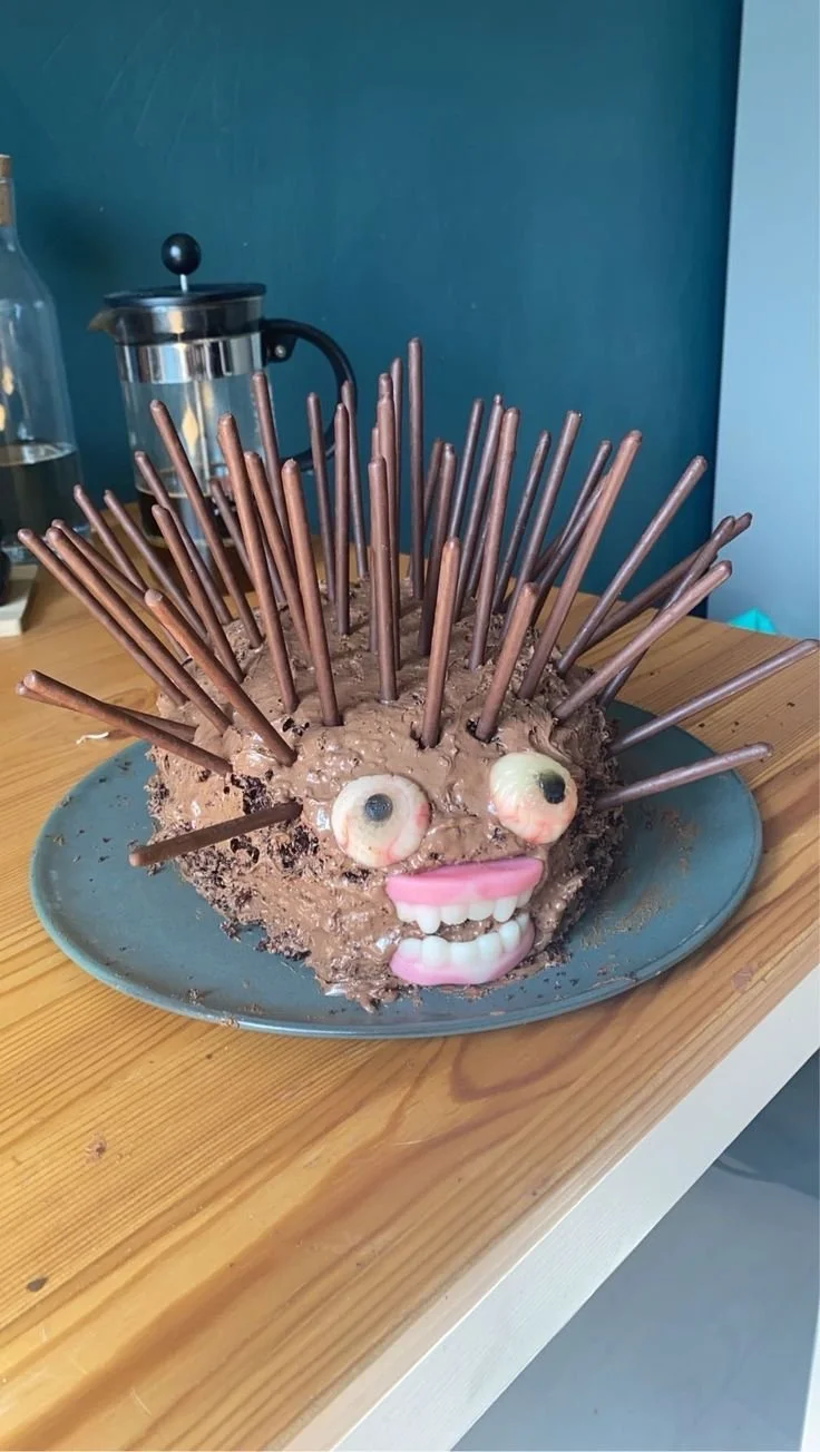 Cursed hedgehog cake decorated with chocolate and edible spikes