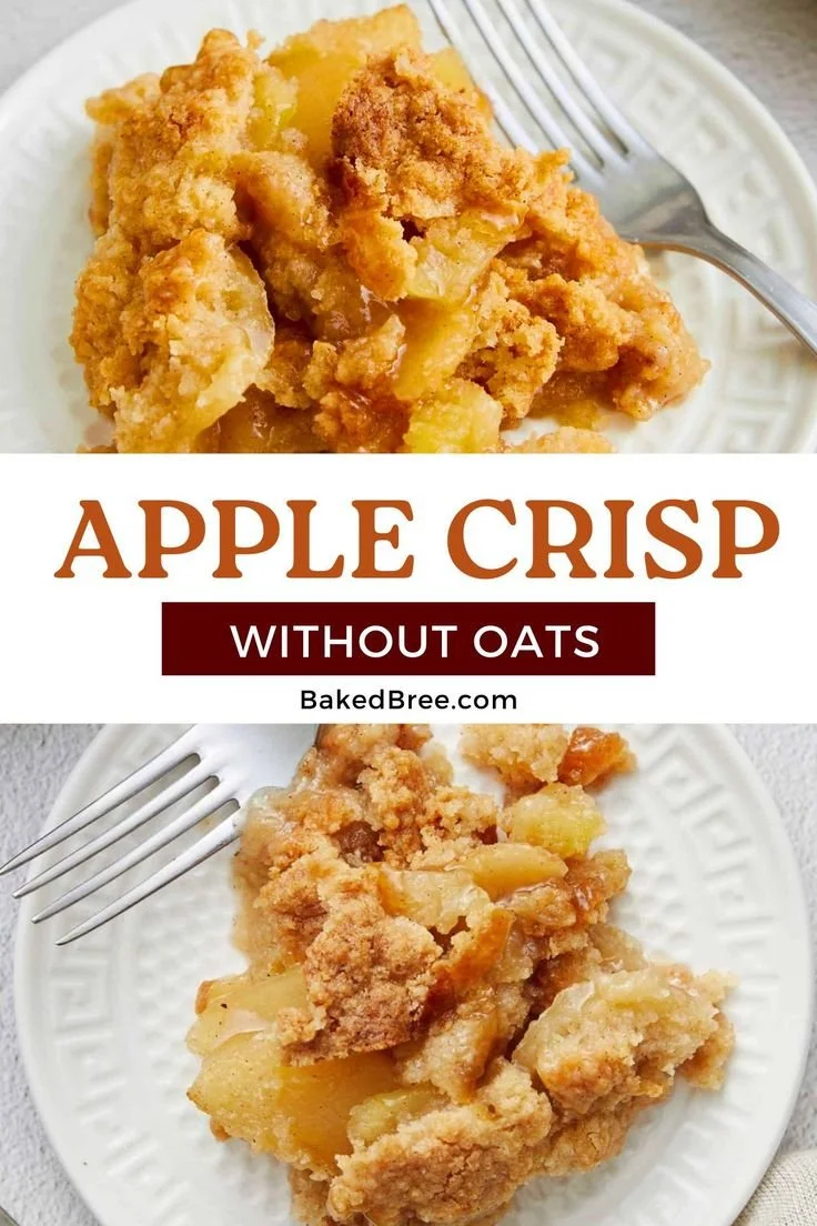 Delicious easy apple crisp without oats, served in a baking dish.