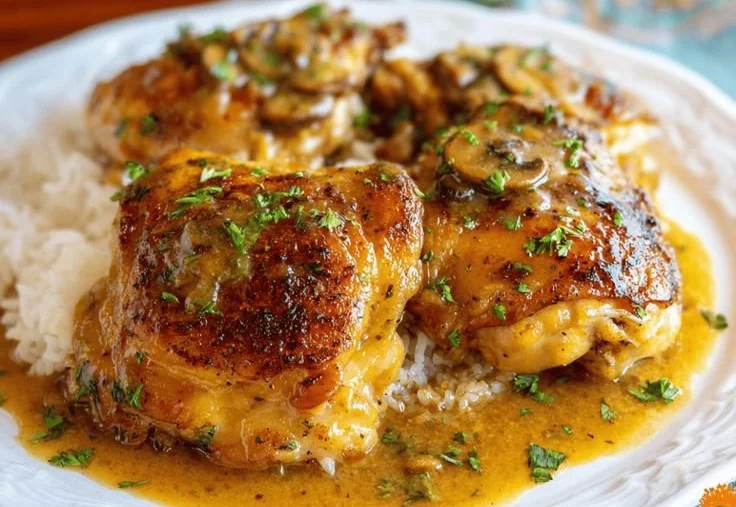 Easy crockpot chicken thighs served with creamy gravy for a delicious dinner