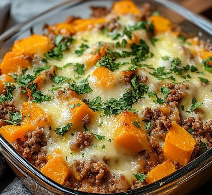 Easy ground turkey sweet potato casserole served in a dish