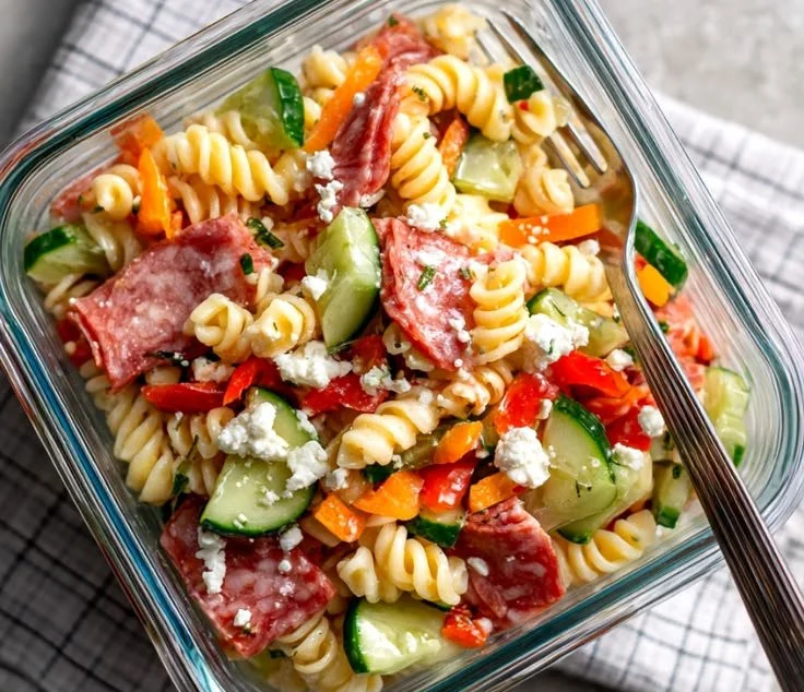 High-protein Italian pasta salad with vibrant veggies and dressing