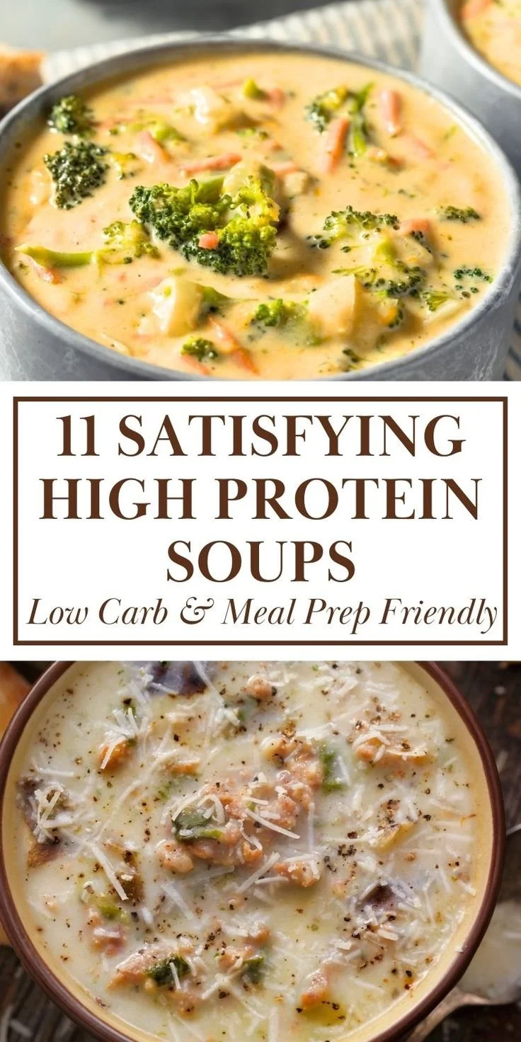 Creamy chicken and broccoli high protein low carb soup in a bowl