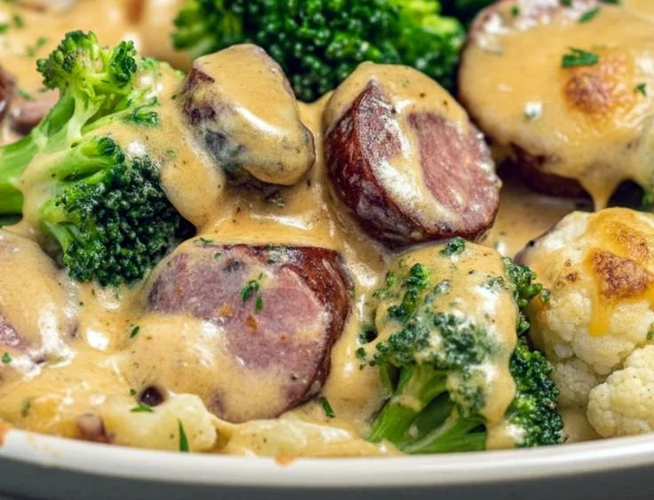 Easy keto broccoli and cauliflower au gratin with sausage, ideal for low carb meals.
