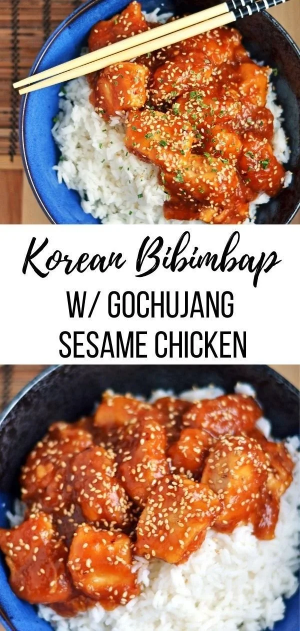 Easy Korean Rice Bowl topped with spicy sesame chicken and fresh vegetables.