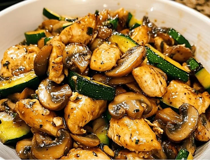Delicious zucchini mushroom chicken stir fry served in a bowl