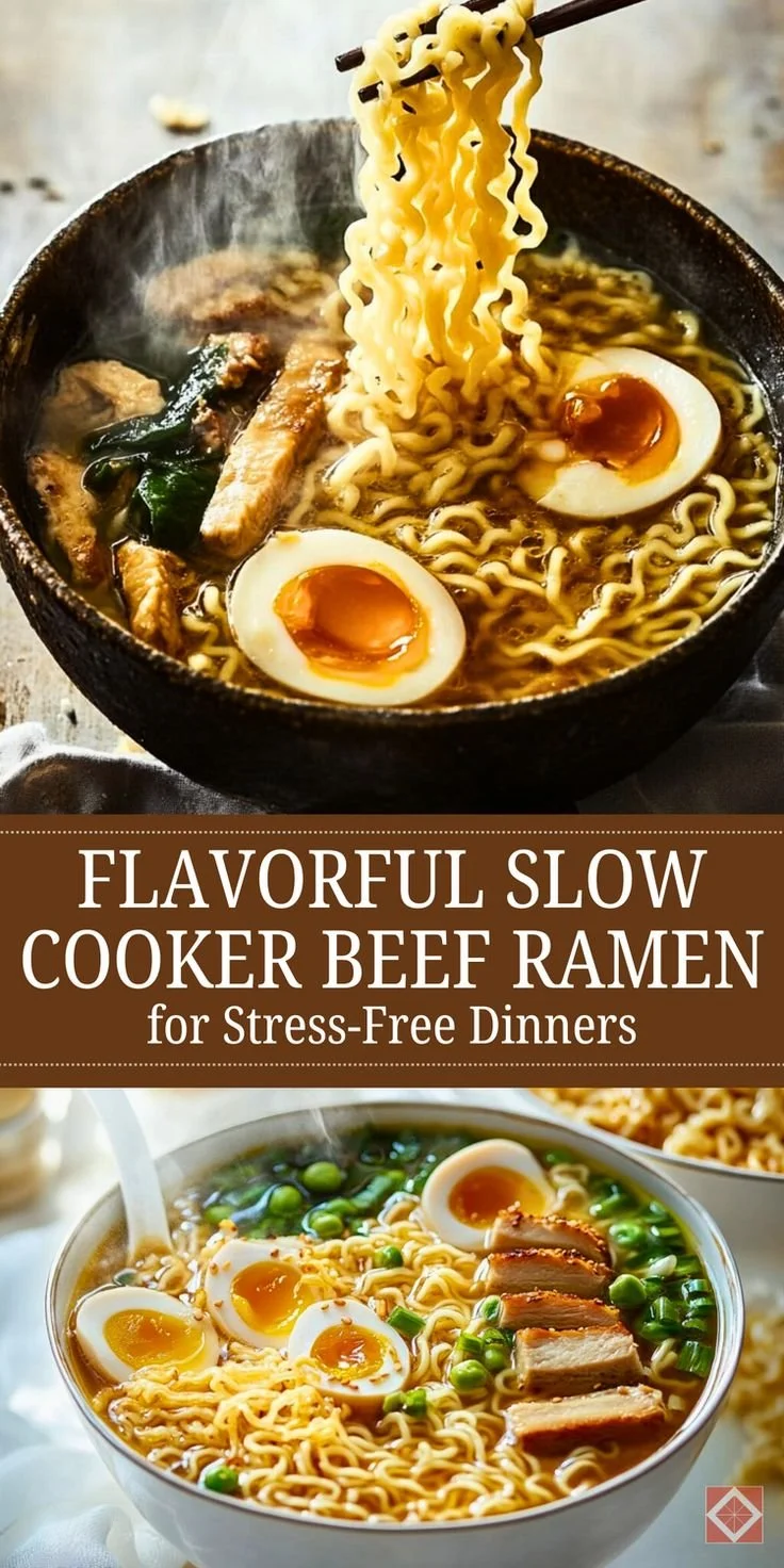 Bowl of flavorful slow cooker beef ramen with tender beef and fresh toppings