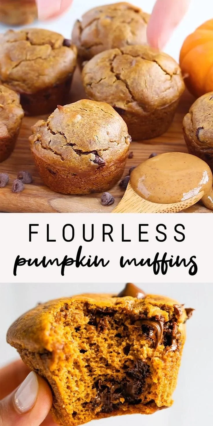 Flourless pumpkin muffins on a plate, topped with pumpkin seeds.
