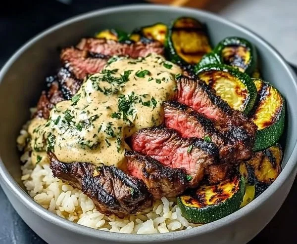 Grilled Steak Bowl with Sauce & Grilled Zucchini Bliss
