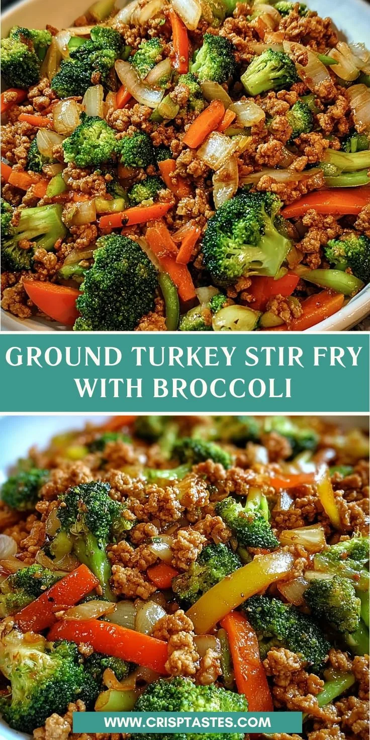 Ground turkey stir fry with broccoli served in a colorful dish
