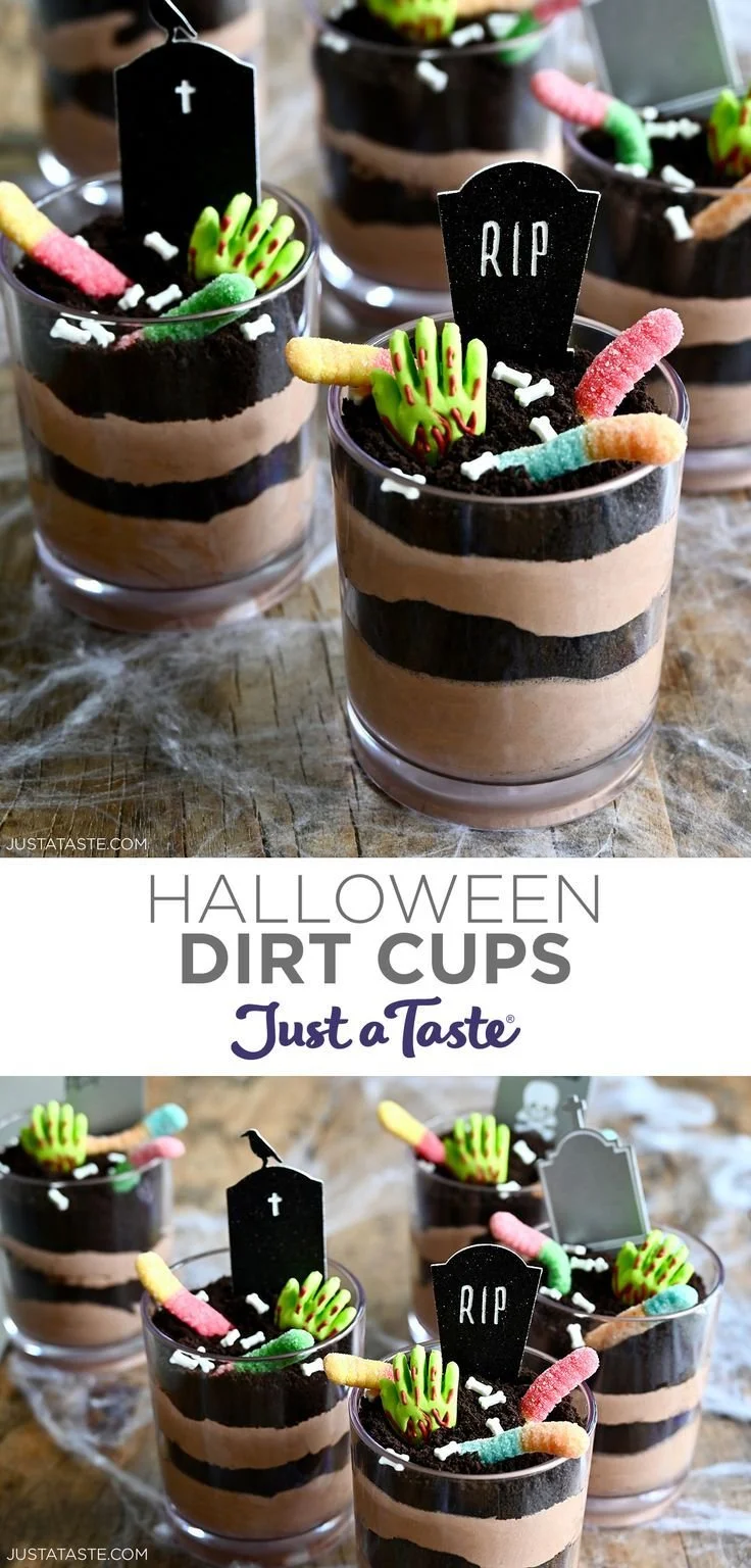 Halloween Dirt Cups dessert with chocolate and gummy worms