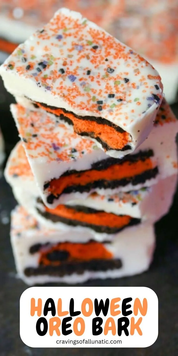 Delicious Halloween Oreo Bark with festive colors and treats