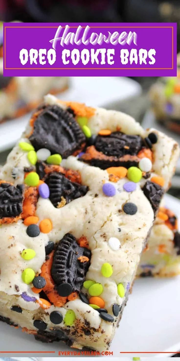 Halloween-themed Oreo Cake Bars with chocolate and cream layers