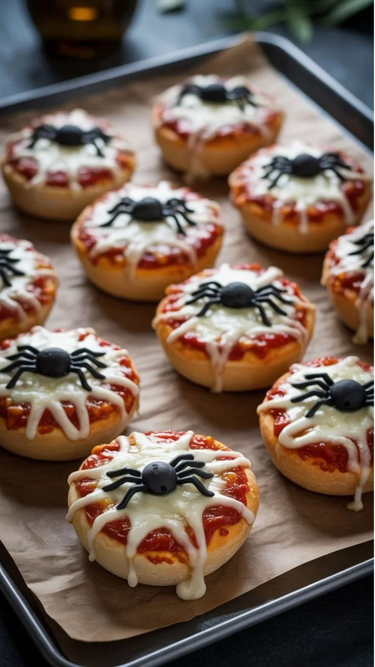 Spooky mini pizzas with spider toppings for Halloween party food