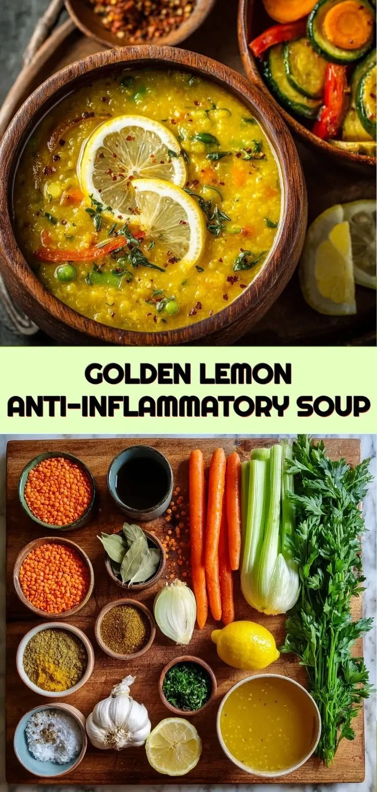 Bowl of Healing Golden Lemon Lentil Soup, rich in anti-inflammatory ingredients