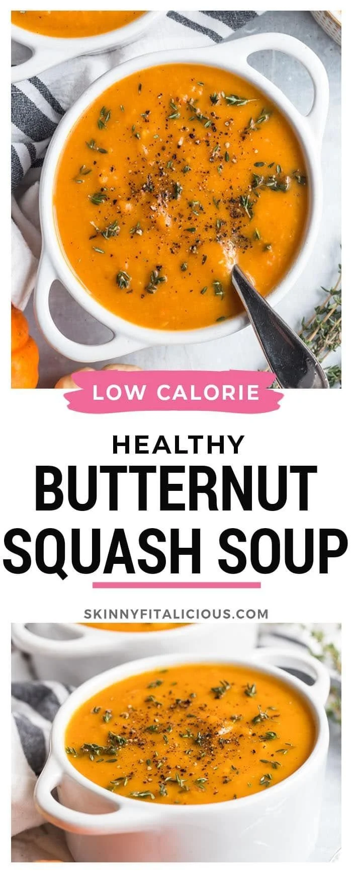 A warm bowl of healthy butternut sweet potato soup garnished with herbs