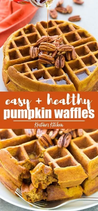 Healthy pumpkin waffles served with maple syrup and autumn spices
