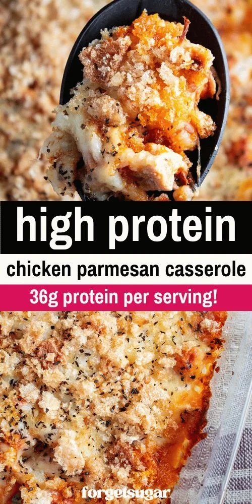High-protein Chicken Parmesan casserole with 36g protein per serving