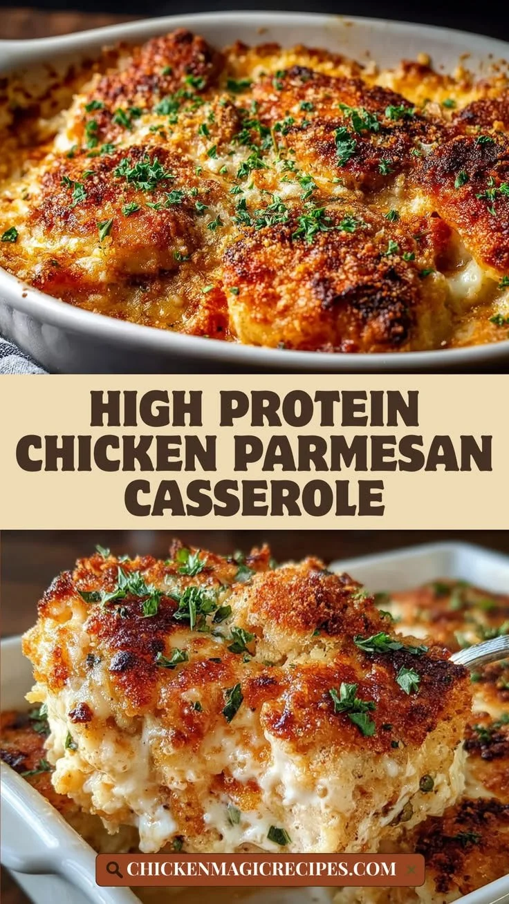 High protein chicken parmesan casserole topped with melted cheese and herbs.