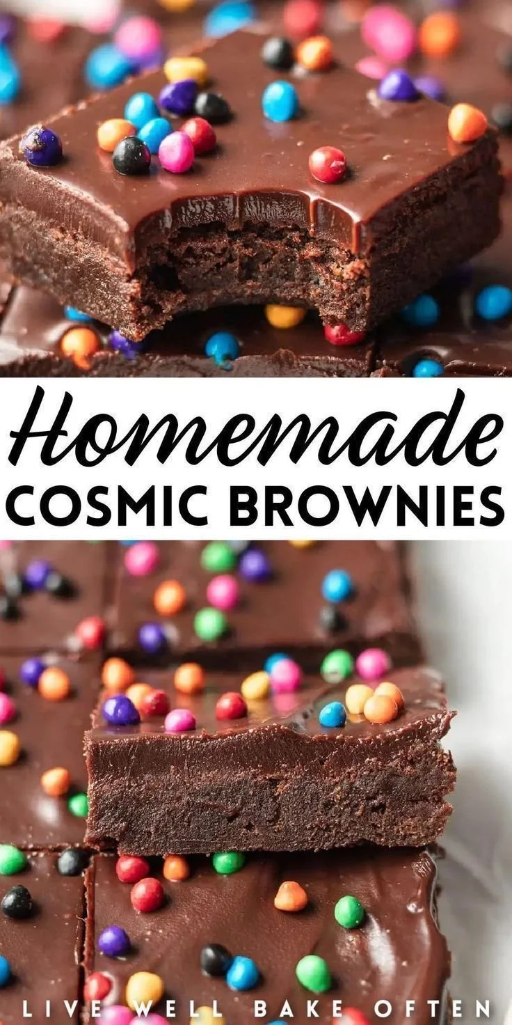 Homemade cosmic brownies topped with chocolate and colorful sprinkles